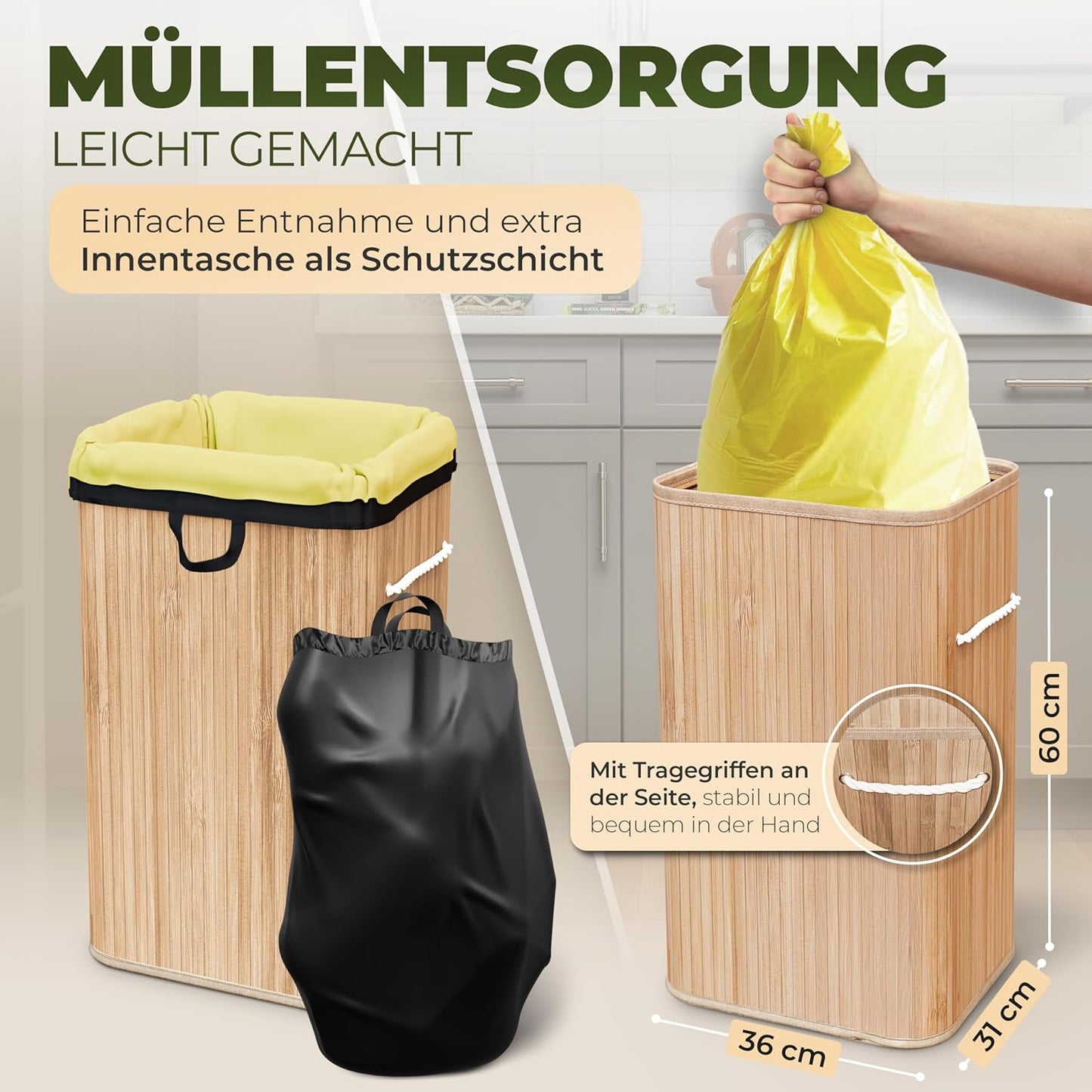 Müllsackständer aus Bambus mit Innentasche, 60L, Hellbraun