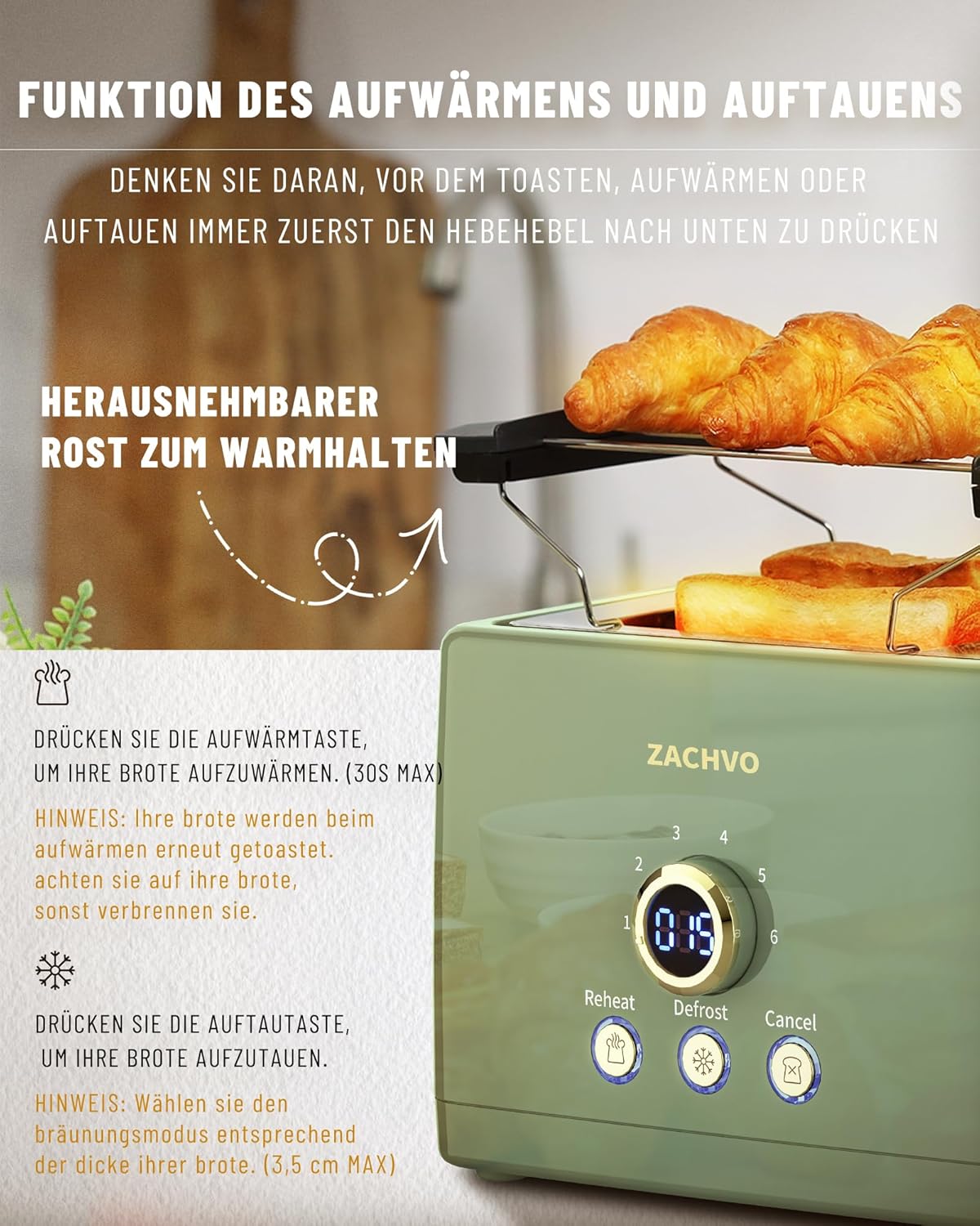 2 Scheiben Toaster mit Brötchenaufsatz und LED-Display, Grün