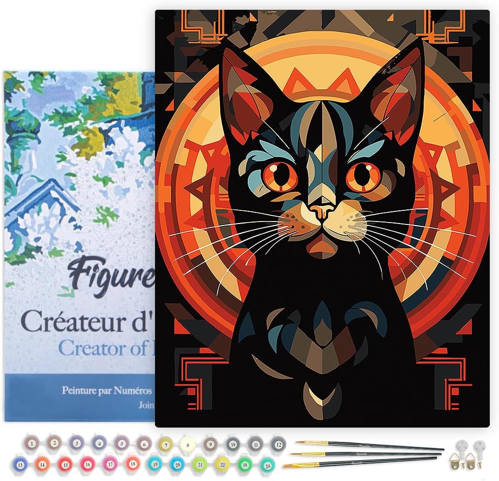 Malen nach Zahlen Set - Katze, Art-Deco-Schwarze Katze 40x50cm Mit Rahmen (bereits gespannt)
