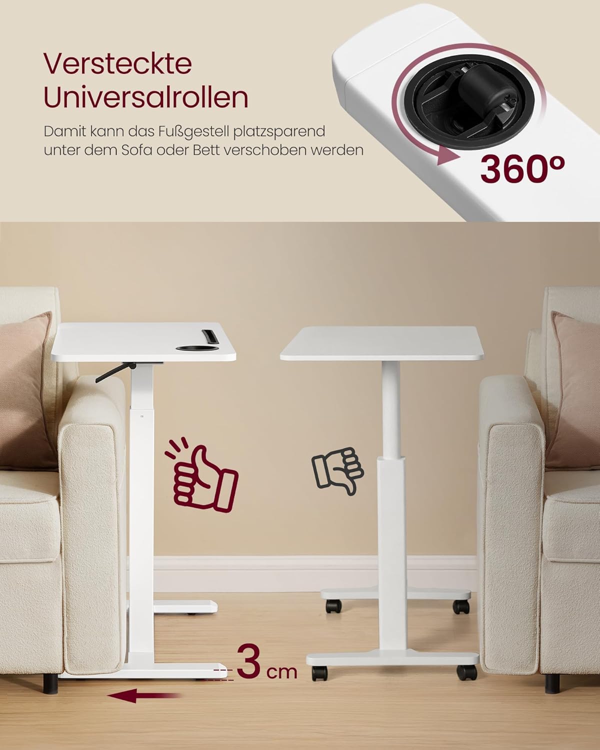 Mobiler Stehtisch mit Rollen und verstellbarer Höhe, 70 x 40 cm Wolkenweiss