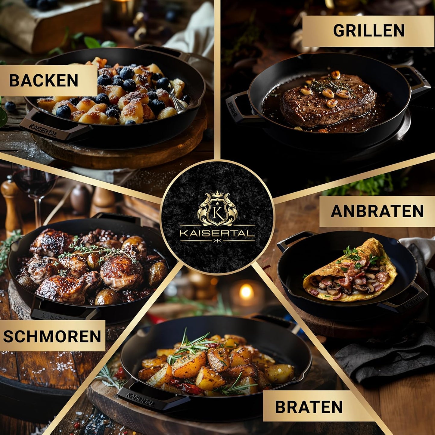 Gusseisen-Bratpfanne mit Rezeptbuch, Emaillierte Bratpfanne mit Doppelgriff