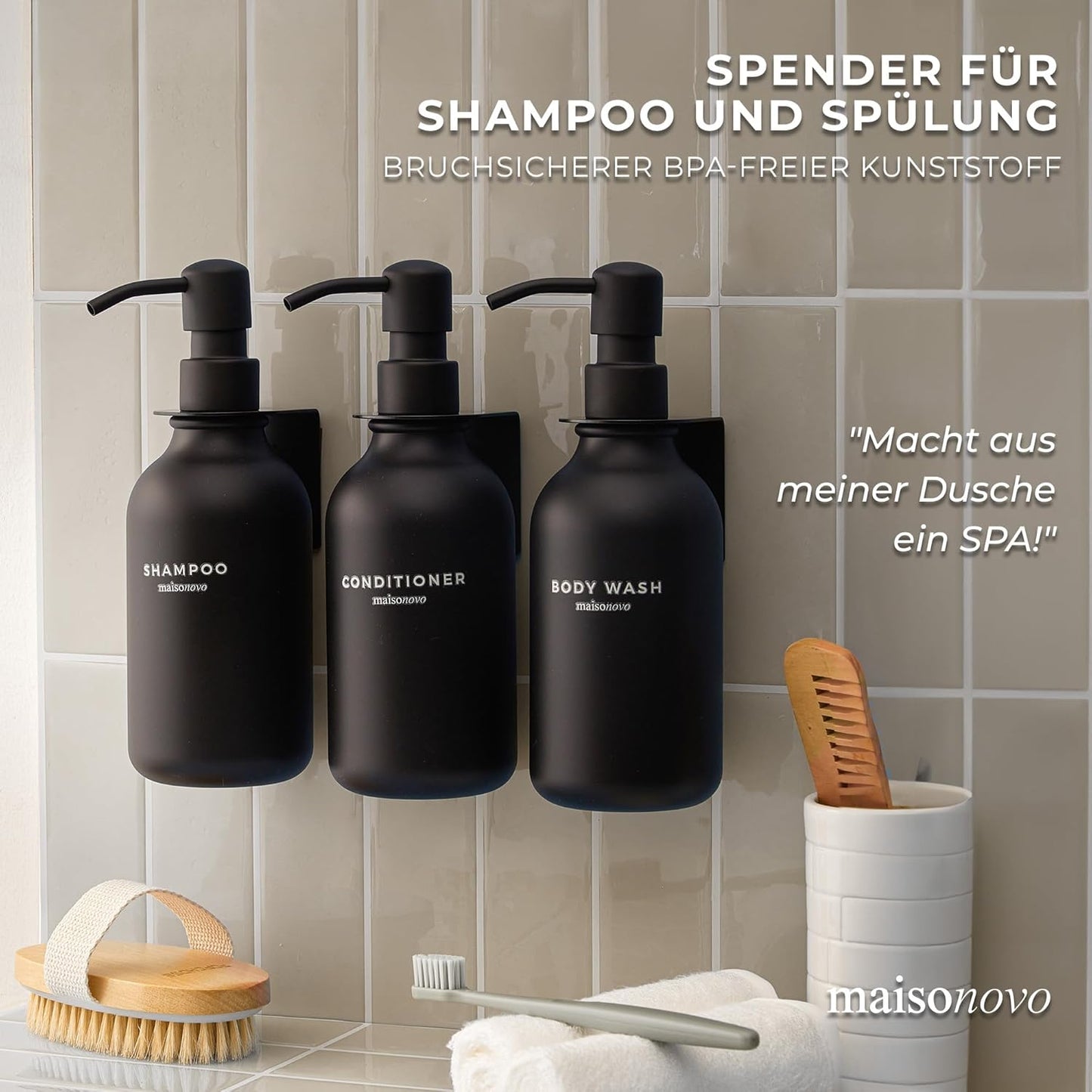 3er Set Shampooflaschen zum Befüllen mit Wandhalterung, Schwarz 3er Set