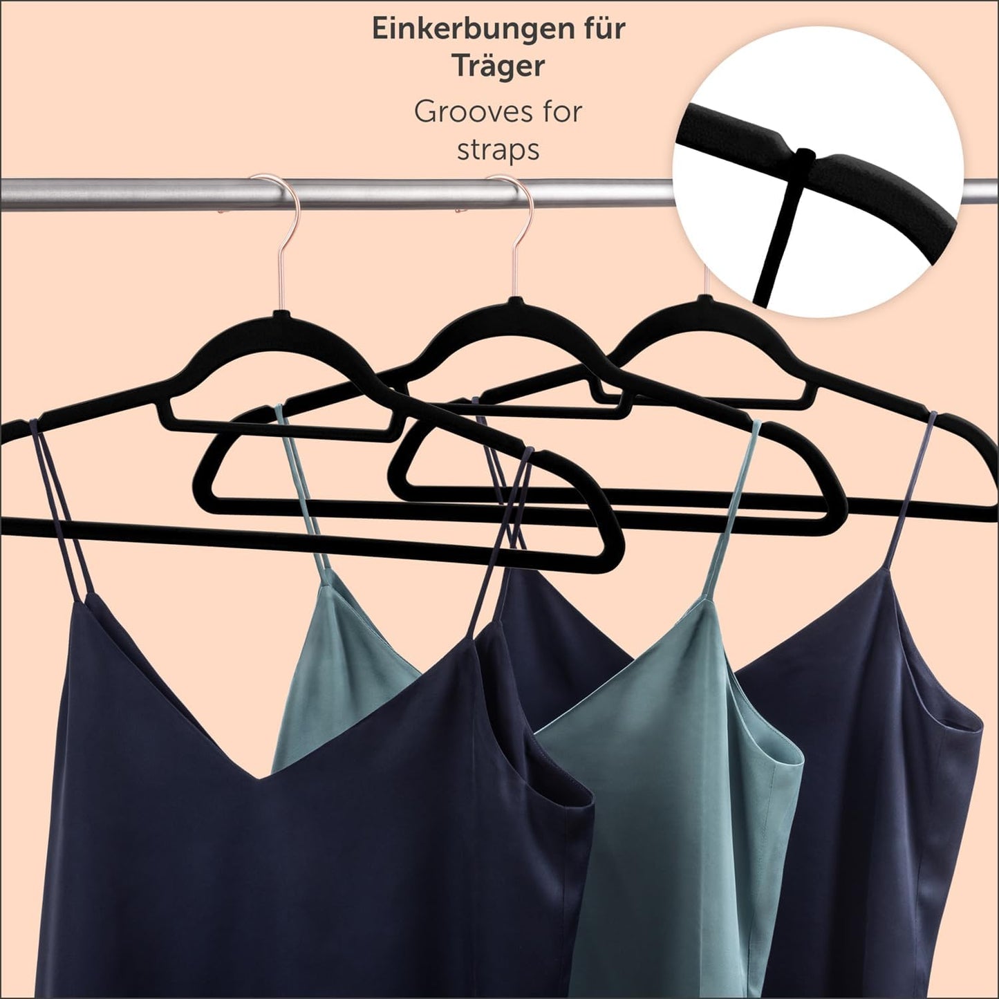 50er-Set Samt-Kleiderbügel, 50 Stück Rosegold / Schwarz