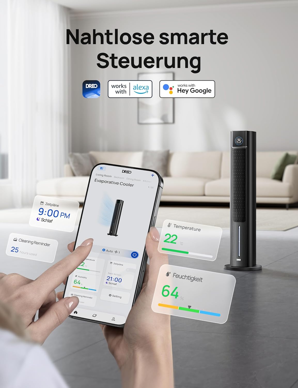 Turmventilator mit Wasserkühlung, Schwarz