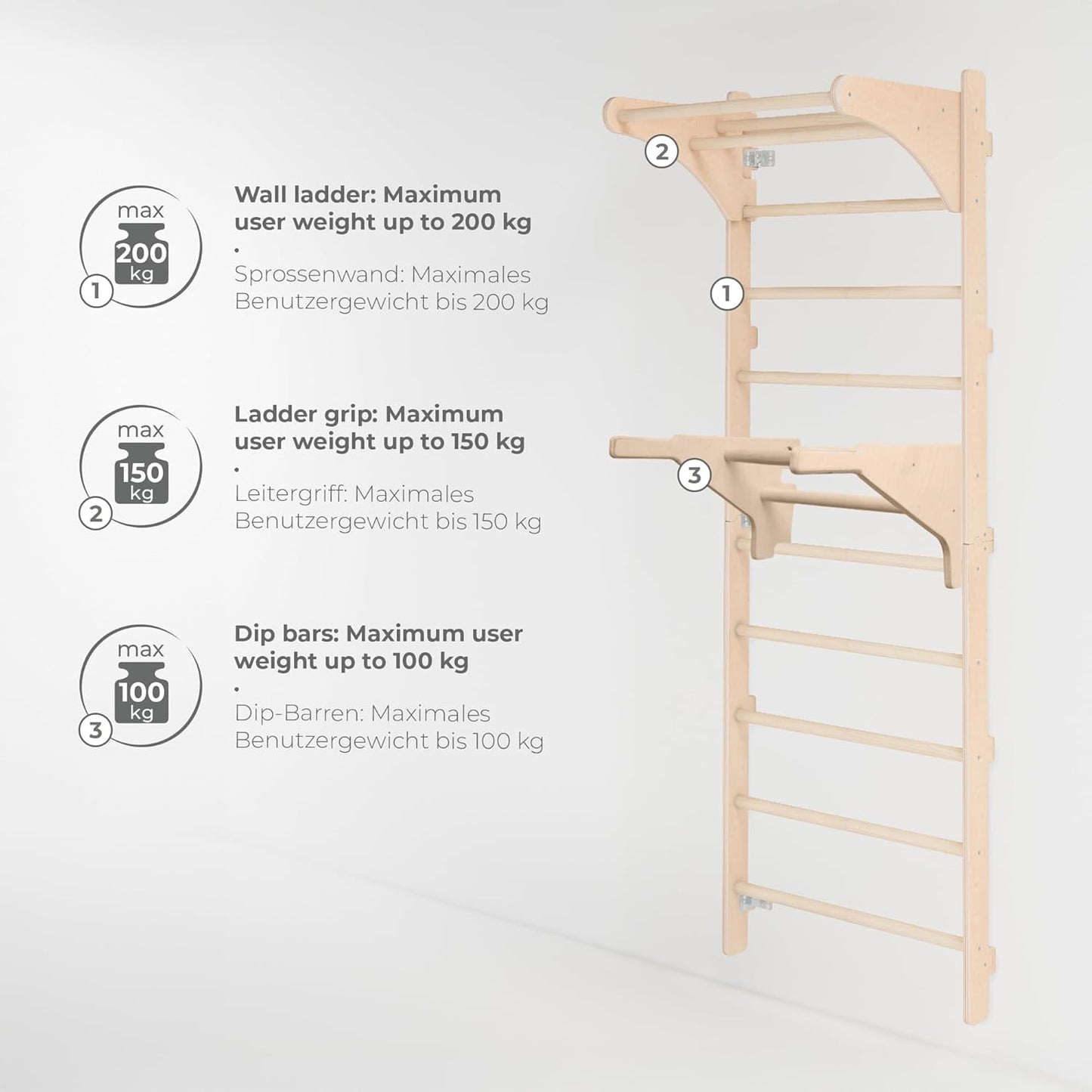 Sprossenwand mit Klimmzugstange, With Gym Rings + DIP