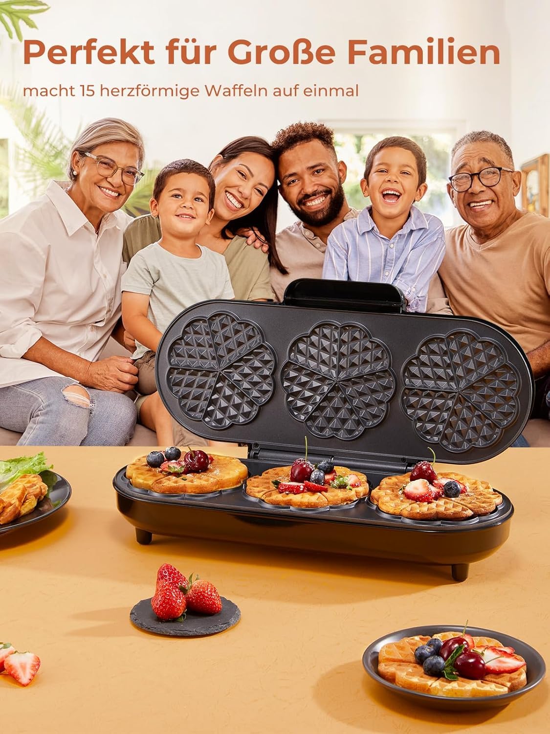King Size Waffeleisen für 15 Herzwaffeln, Silbern