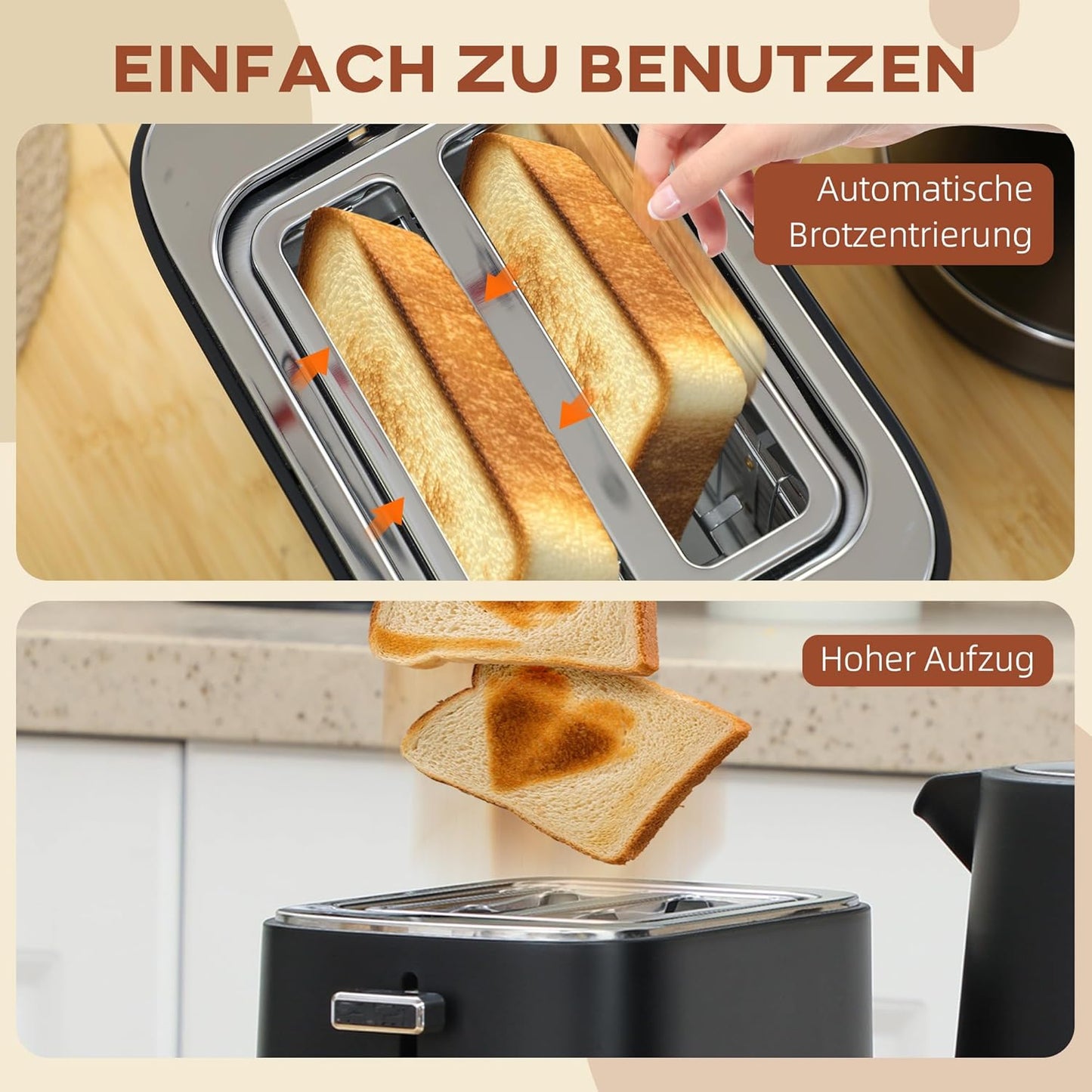 Frühstücks-Set mit Wasserkocher und Toaster, Schwarz