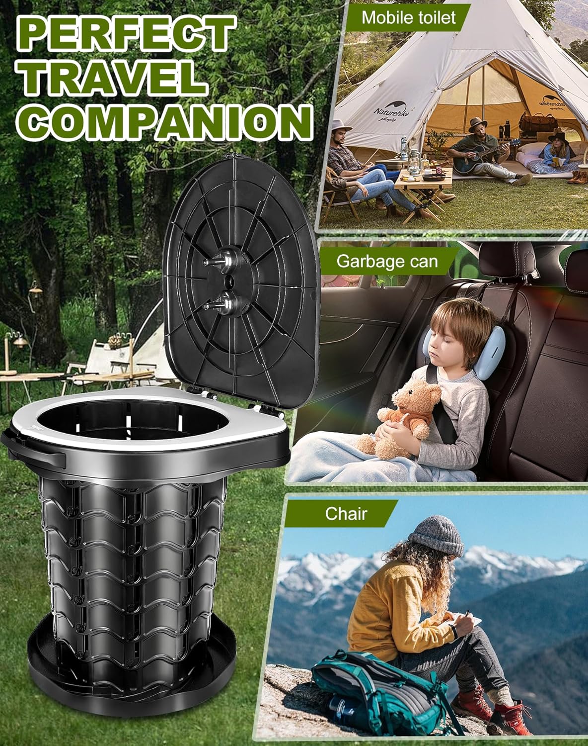 Faltbare Campingtoilette mit Toilettenbeutel, Schwarz