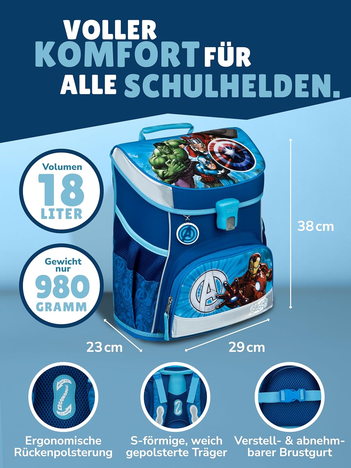 Ergonomisches Schulranzen-Set, 9-teilig, Marvel Avengers, 9-teiliges Set mit Sporttasche