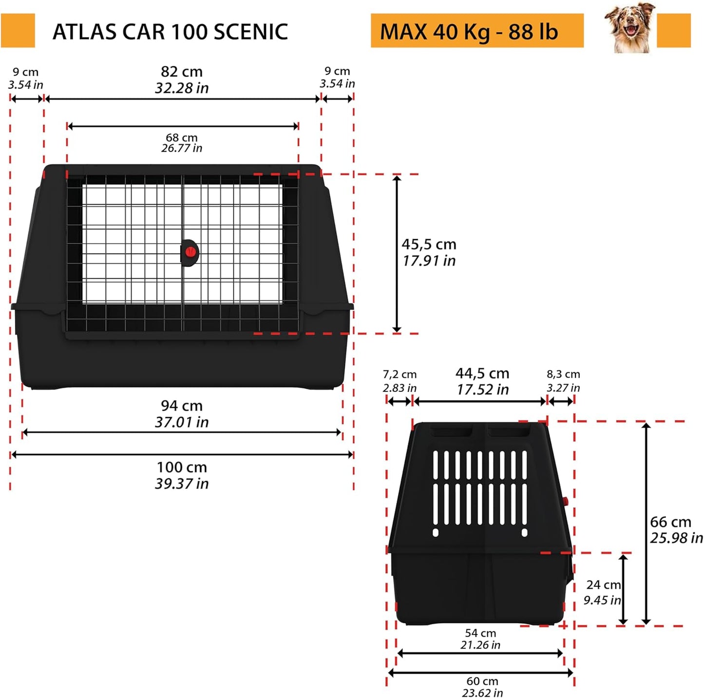 Auto-Hundebox Atlas CAR 100 Scenic mit extra Belüftung und Sicherheitshaken, L 100 x B 60 x H 60 cm ATLAS CAR SCENIC