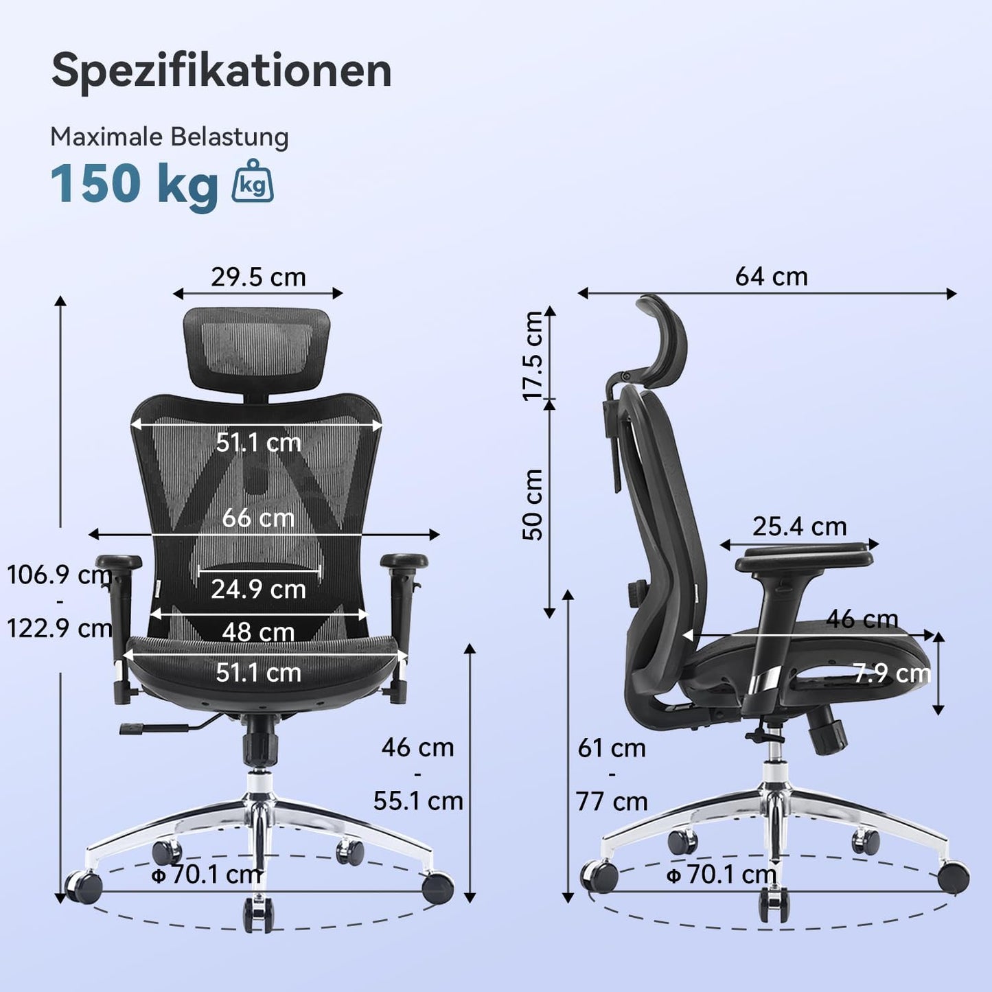 Ergonomischer Bürostuhl M57 mit 3D-Armlehnen und Lendenstütze, Schwarz M57