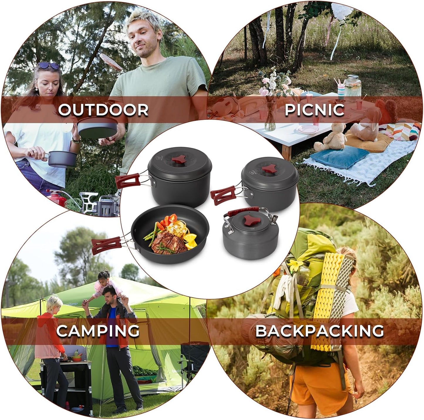 Camping Kochset mit Kessel für 4 Personen, 4 Personen 6.5L Mit kessel