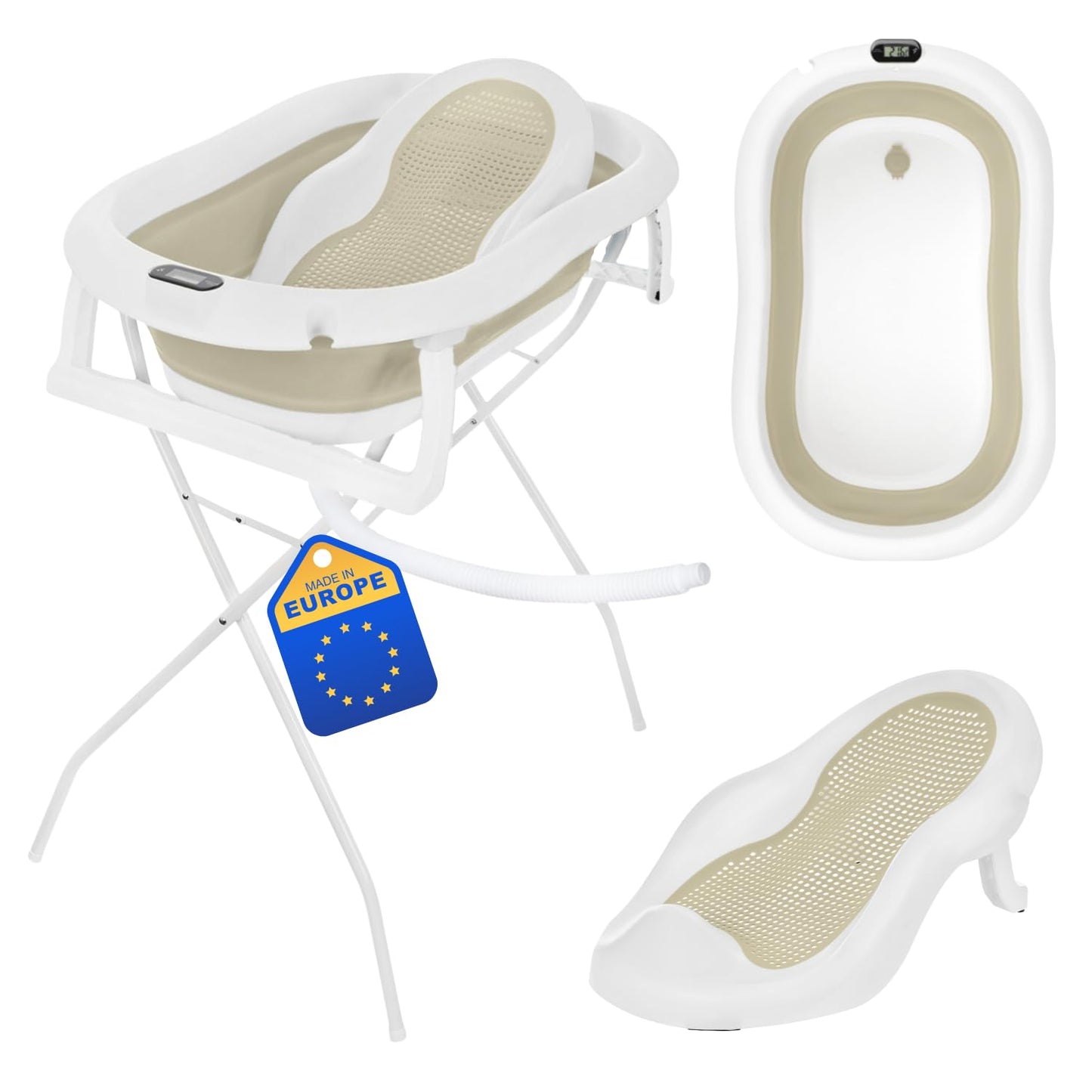 Faltbare Babybadewanne mit Badesitz und Thermometer, Premium Beige (Gestell, Badesitz, Thermometer) Faltbare Babybadewanne mit Gestell