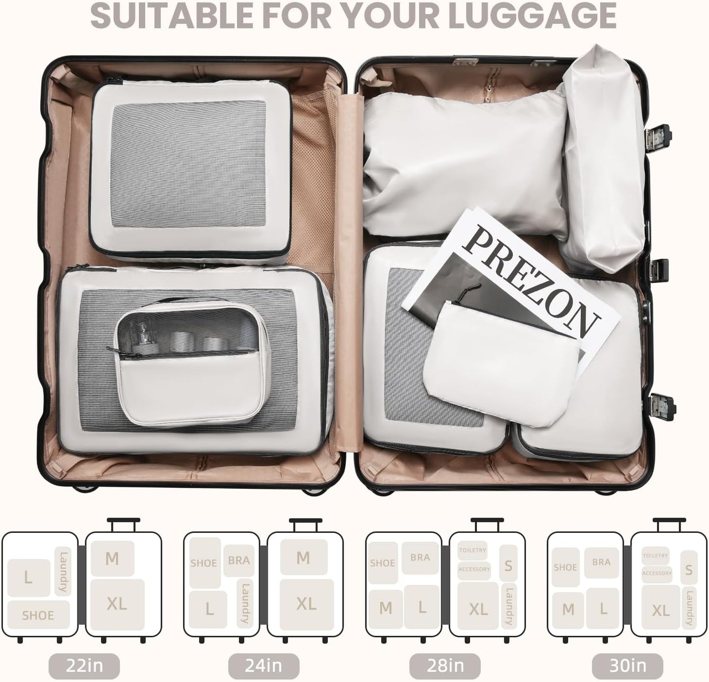 8er-Set Packing Cubes für Koffer, Cream