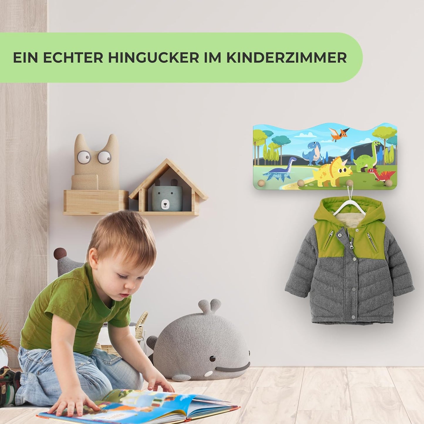 Dino-Motiv Kindergarderobe mit 4 Haken, Dino