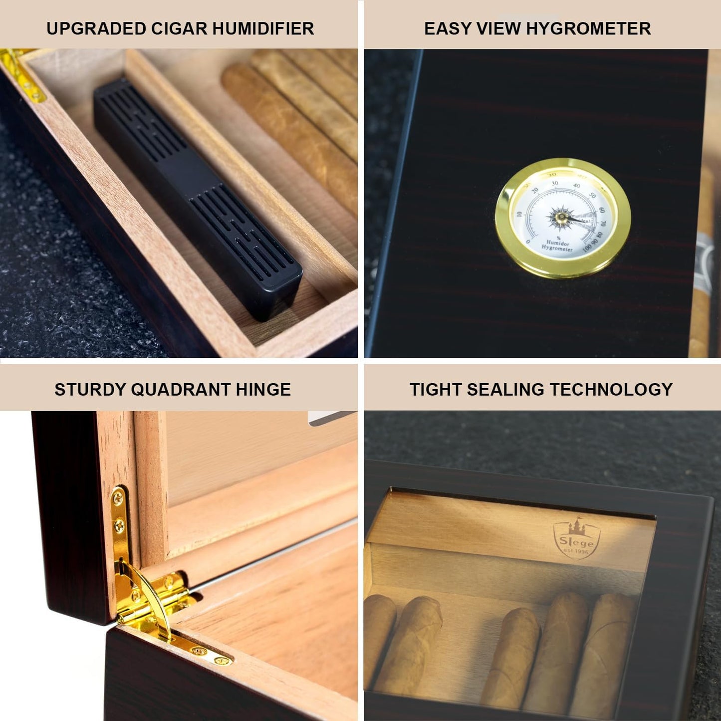 Zigarren-Humidor mit Hygrometer, Schwarz