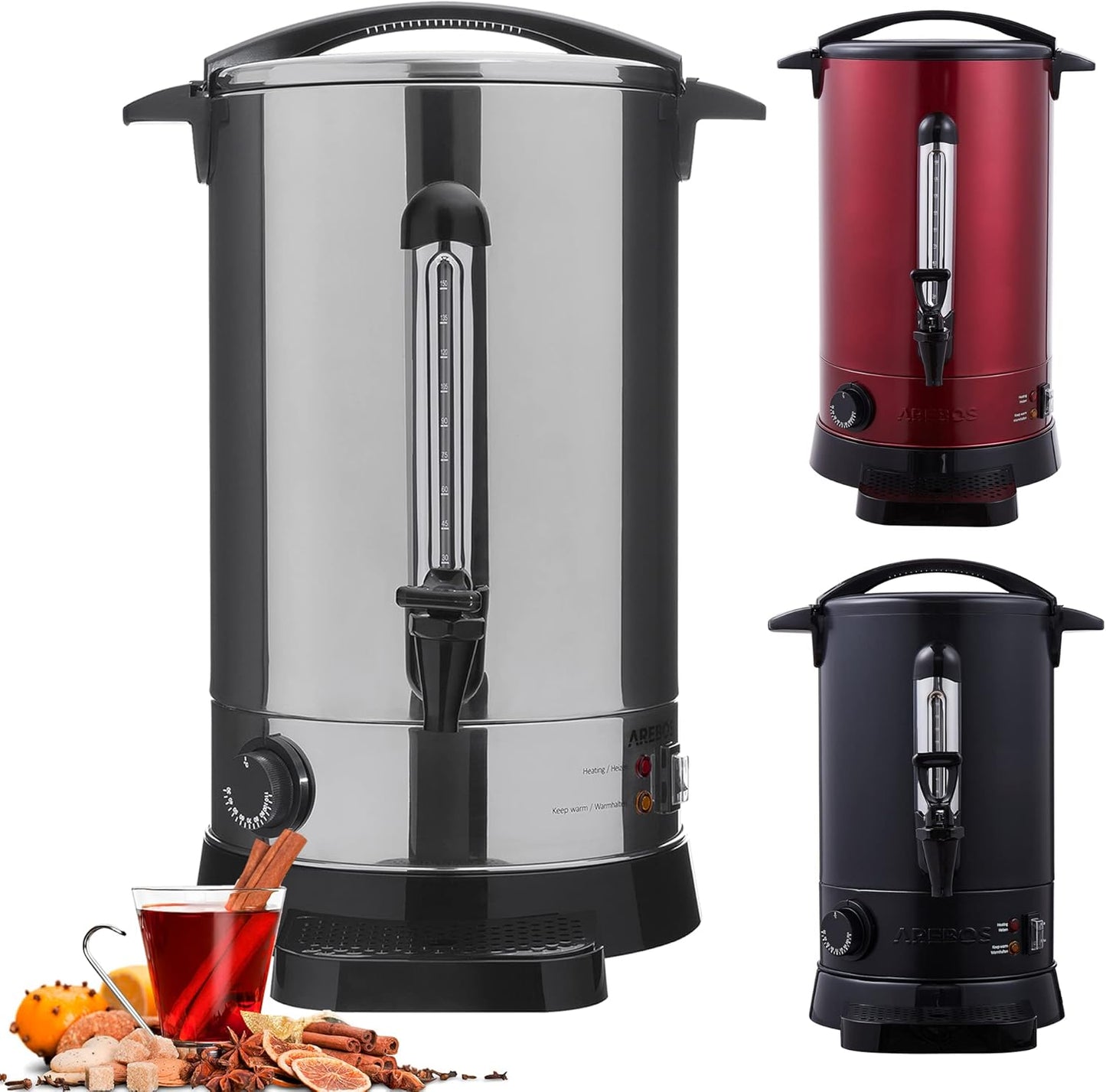 3in1 Glühweinkocher mit Thermostat, Auffangschale & Auslasshahn, Silber