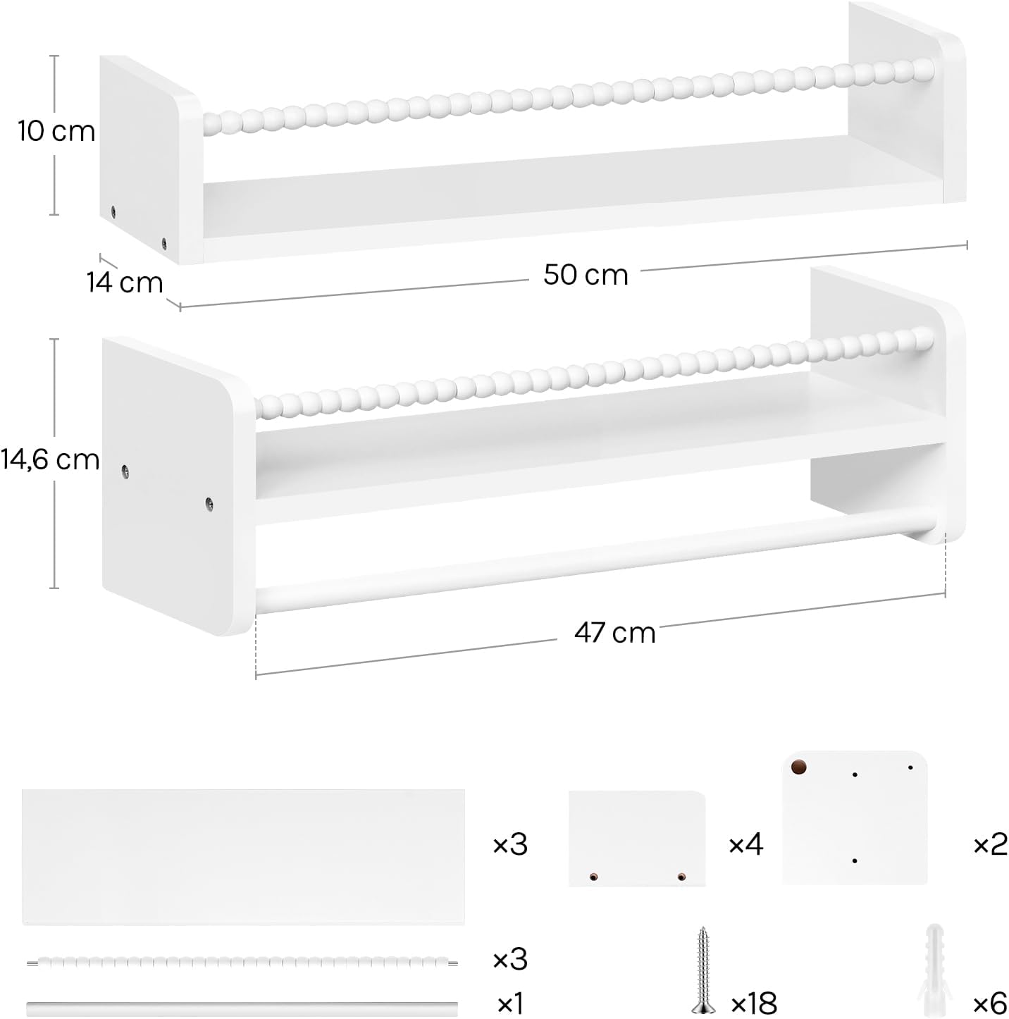 3er-Set Kinderbücherregal Wand, 50 x 15 x 14 cm Weiss