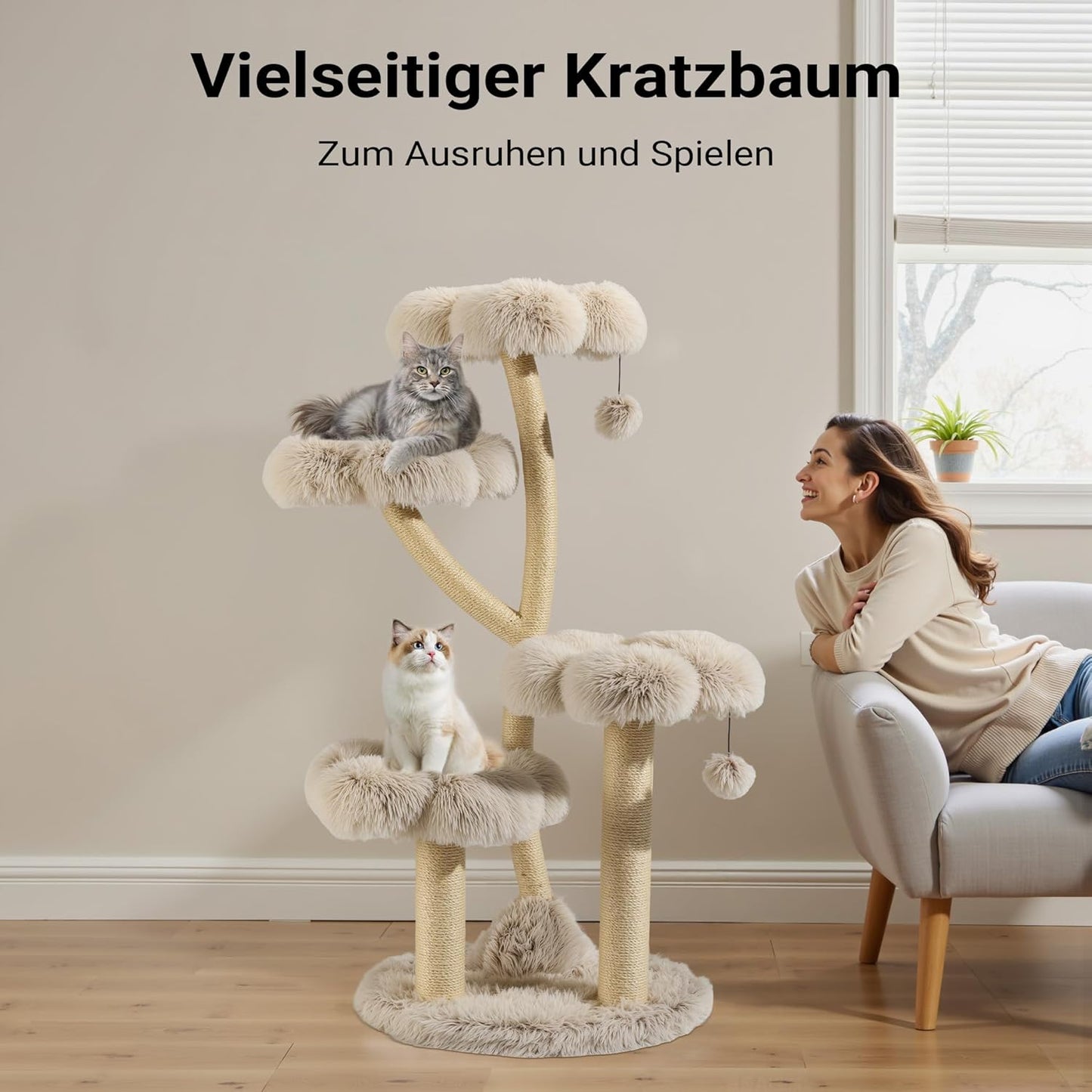 Designer Kratzbaum mit Plüsch & Sisal, 123 cm, 123cm