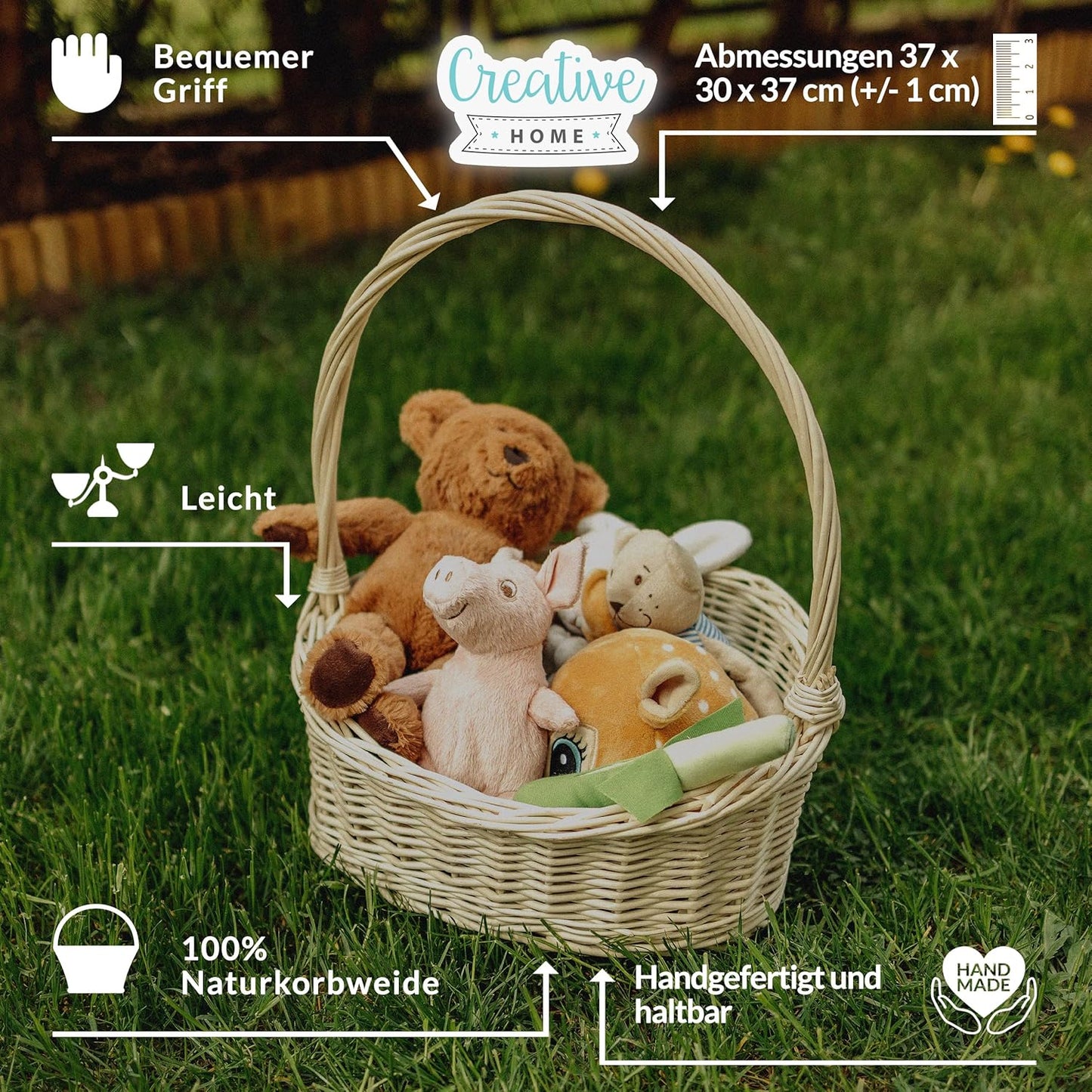 Ovaler Geschenkkorb aus Weide mit Henkel, 37 x 30 x 37 cm