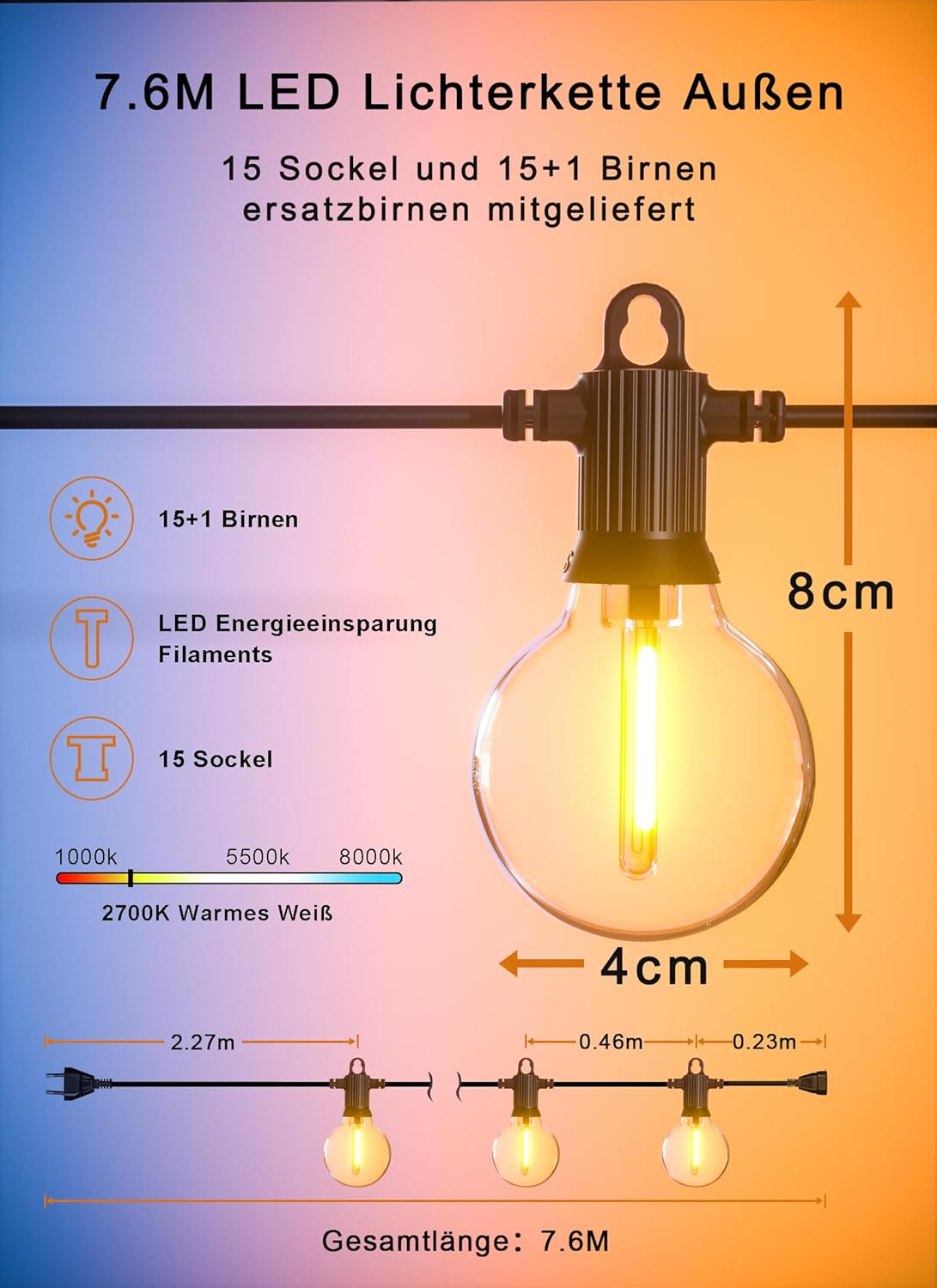 Erweiterbare LED Lichterkette mit 15 Glühbirnen, Strom-7.6M