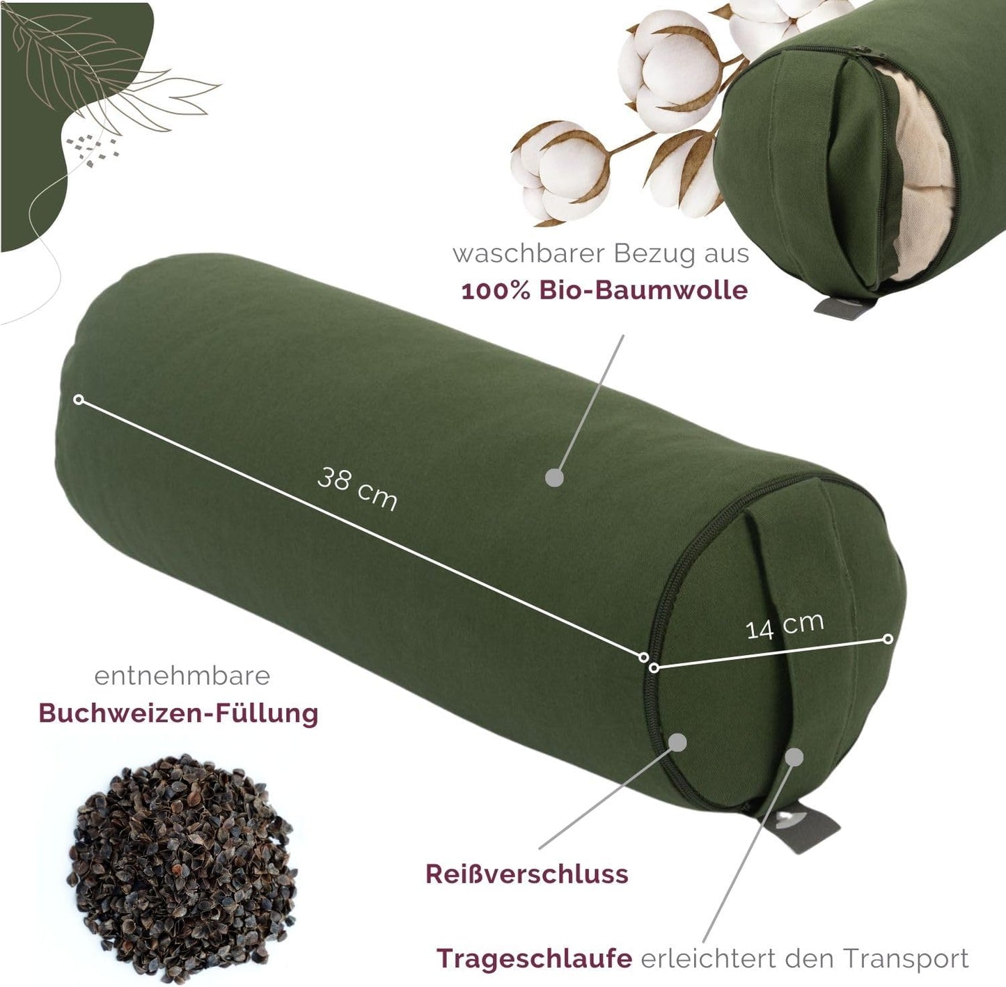 Mini Yogabolster mit Buchweizenfüllung und abnehmbarem Bezug, Waldgrün
