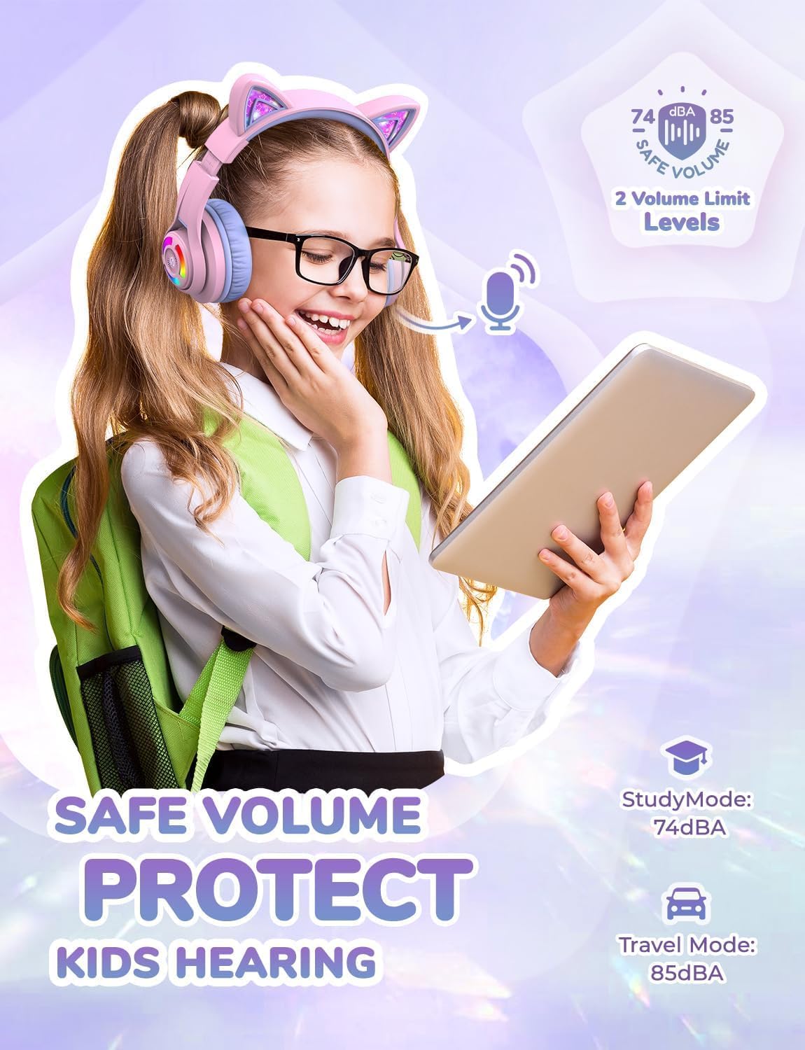 Bluetooth-Kinderkopfhörer mit Lautstärkeregler, Lila