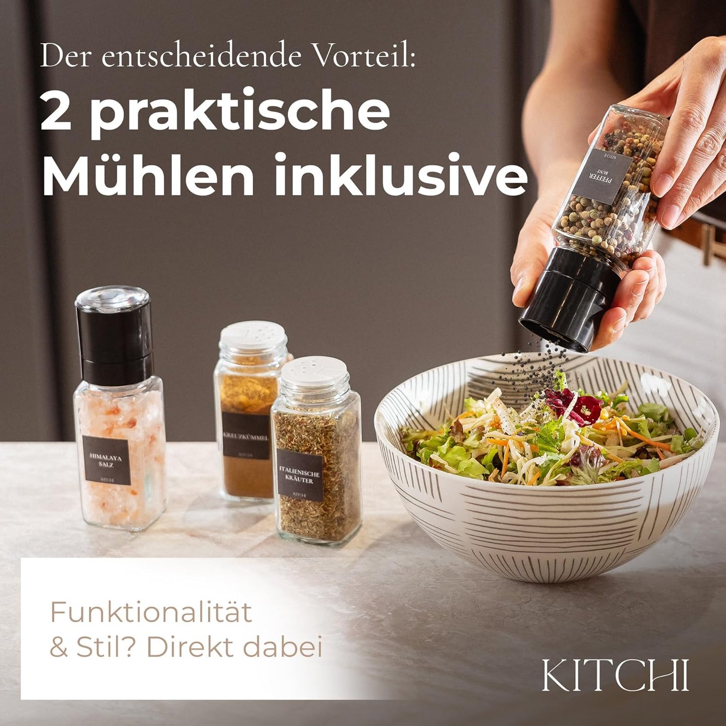 Gewürzgläser-Set mit Mühlen, Schwarz + 2 Mühlen
