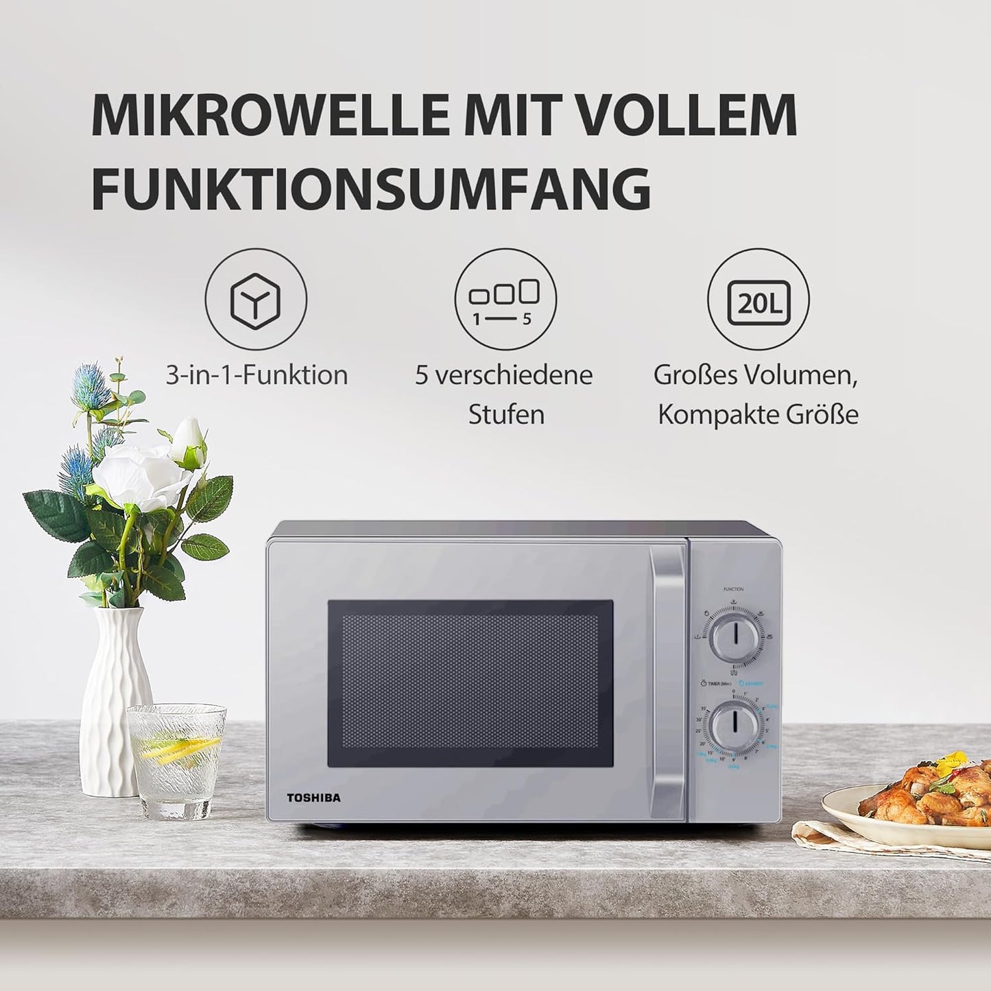 Magnetron mit knuspriger Grill- und Kombifunktion, 5 Stufen, 1000 W Grillleistung, 20L Grill Silber