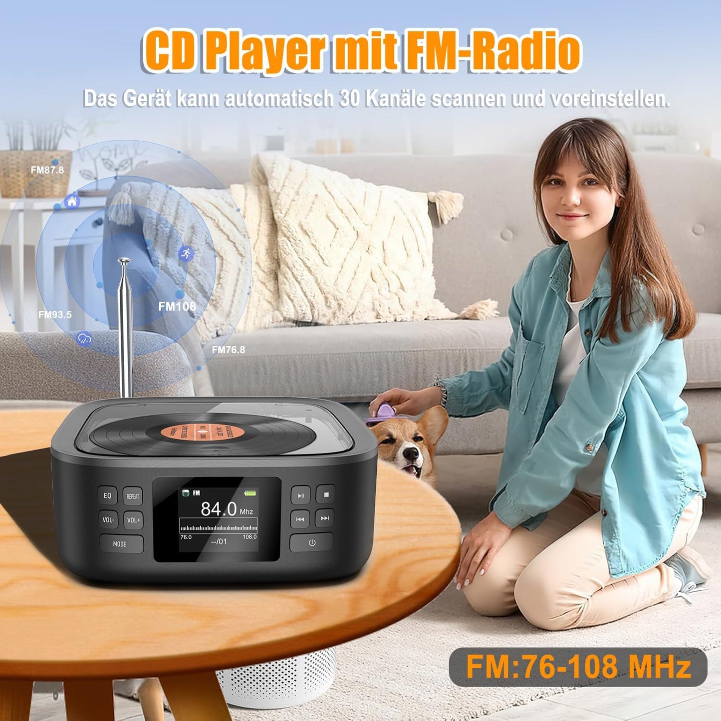 Tragbarer CD-Player mit Bluetooth, CD-HC030-Schwarz