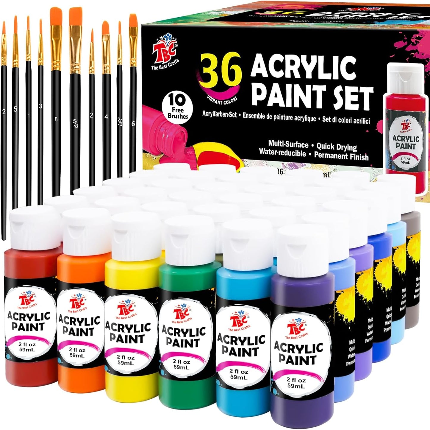 Acrylfarben-Set mit 10-teiligem Pinsel-Set, 36 x 60 ml, 36 Farben