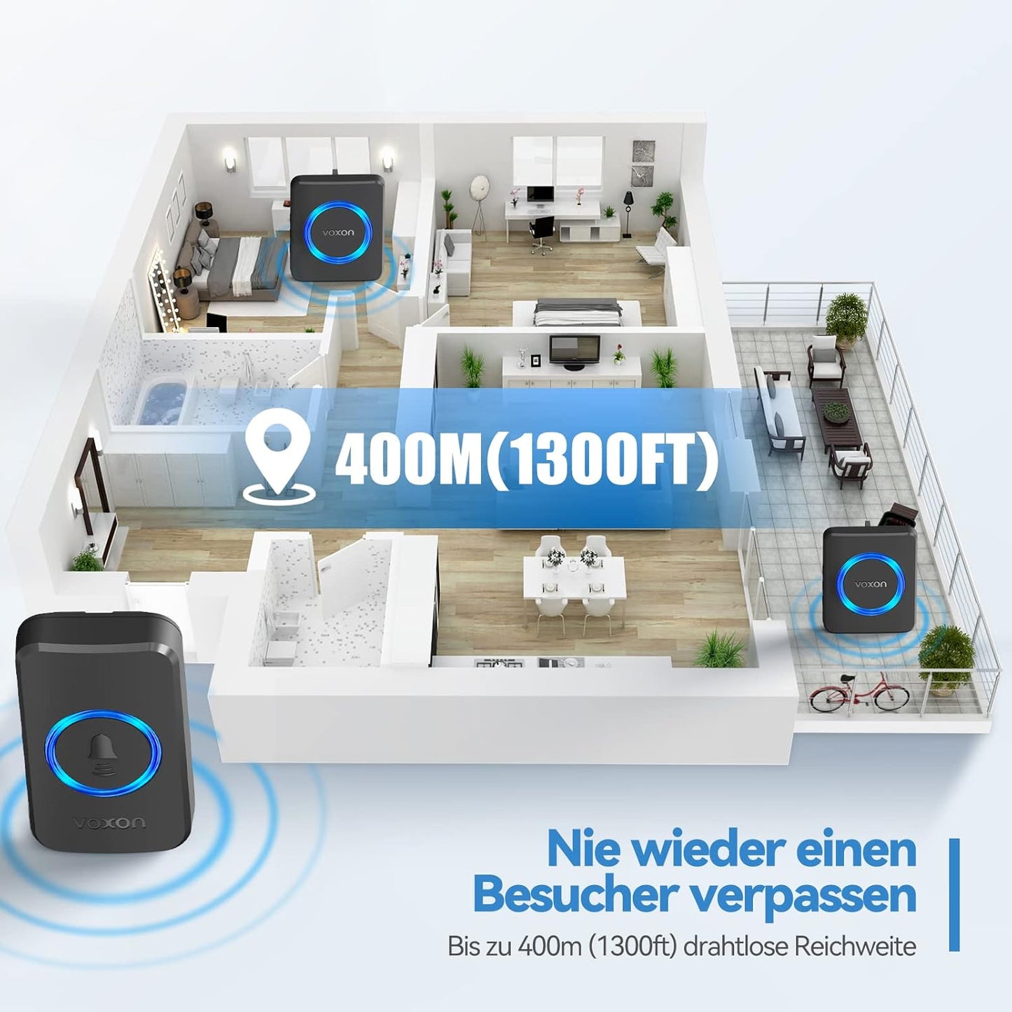 VX-WD888 Funkklingel-Set mit 2 Empfängern und LED-Blitz, erweiterbar, Schwarz