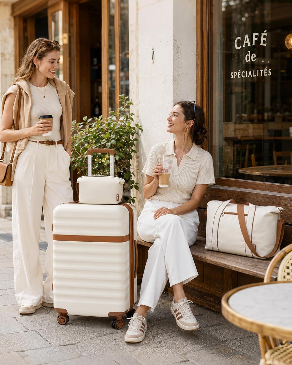 Reisekoffer-Set mit TSA Schloss, Mittlerer Koffer-Set 3tlg Creme/Braun