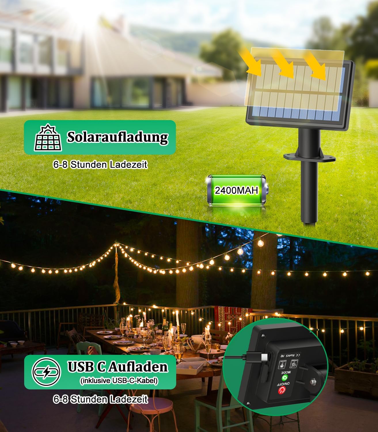 Solar G40 LED Lichterkette mit Fernbedienung, 30M-Solarenergie