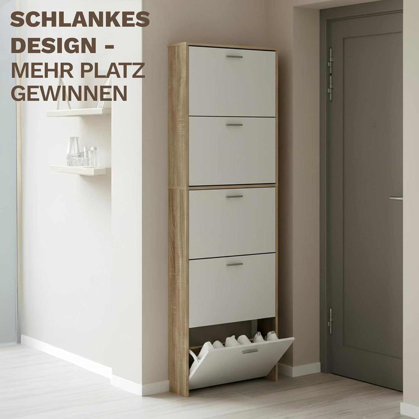 Schuhschrank mit 5 Kippfächern für 15 Paar Schuhe, 5 Türen Weisse Türen, Rahmen aus Hellem Holz