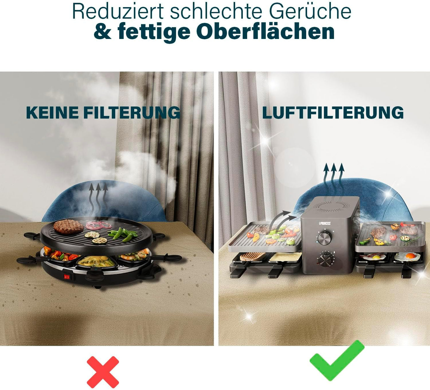 Raclette-Grill mit Luftfiltersystem für 8 Personen, Integriertes Luftfiltersystem 8 Personen