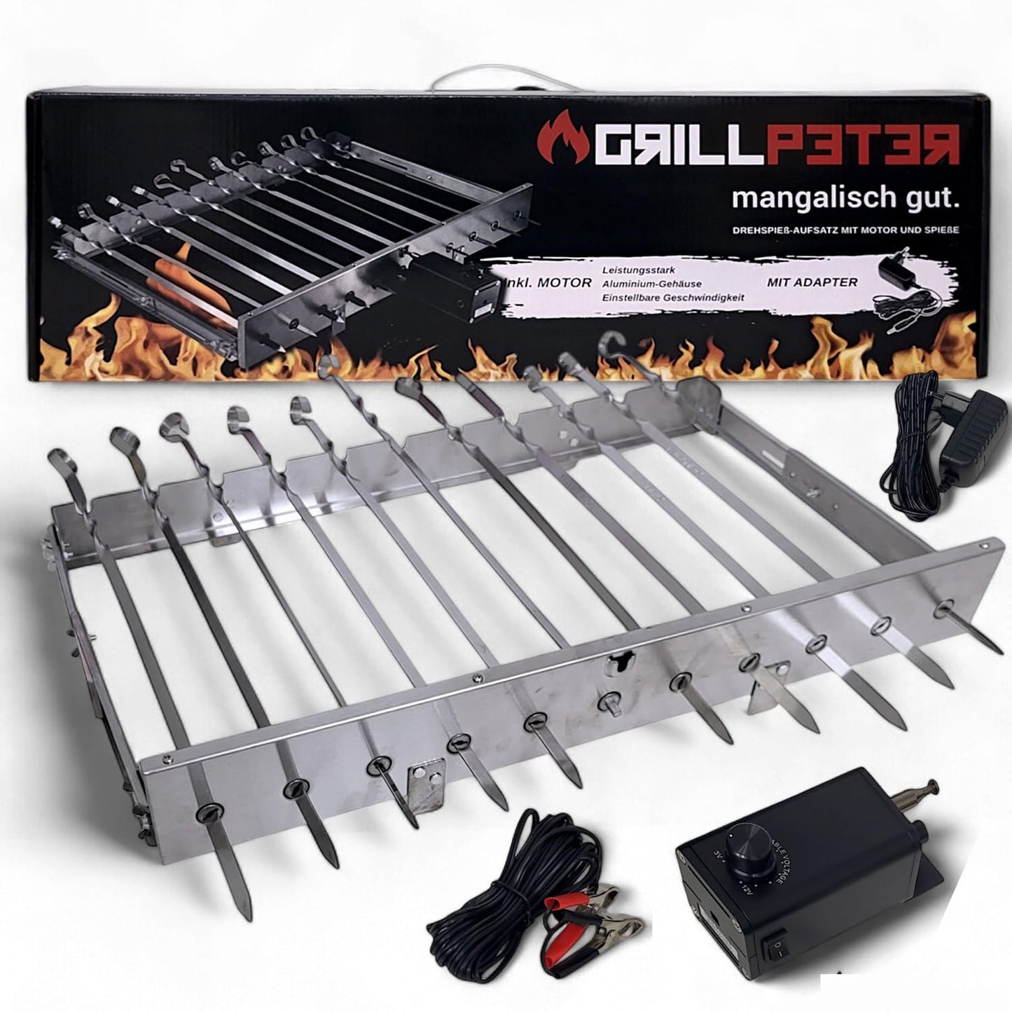 Mangal Drehspiessaufsatz mit Elektromotor, mit 11 Spiesse