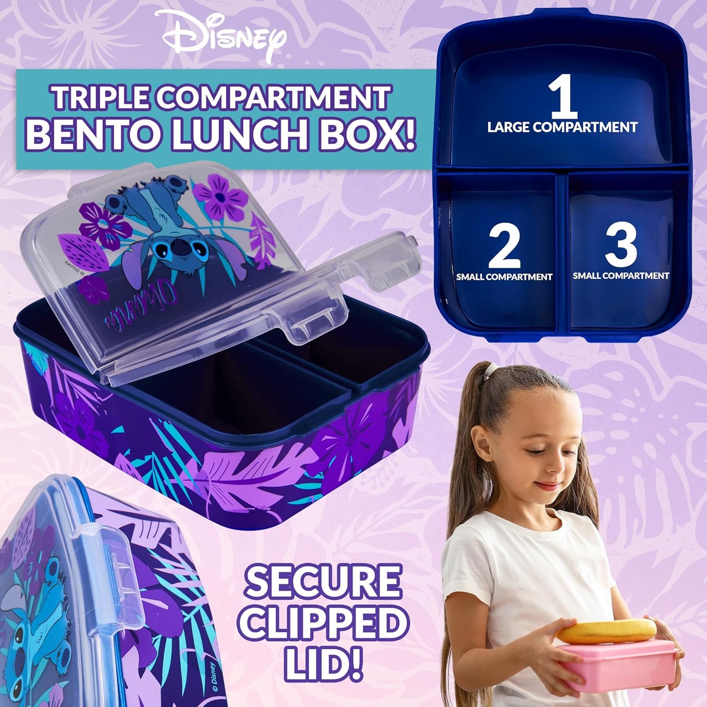 Stitch Kinder Lunchbox mit Fächern und Wasserflasche, Blau/Lila