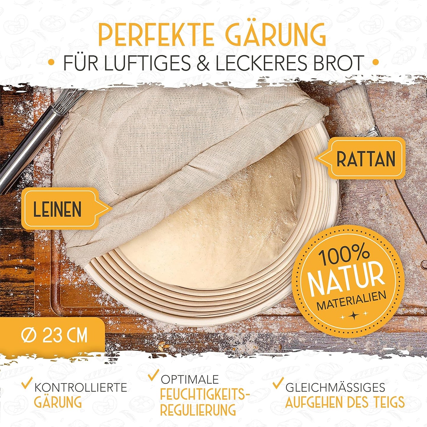 Gärkörbchen Set für Brotbacken, Bäckermesser + Gärkorb-Set 23+25cm