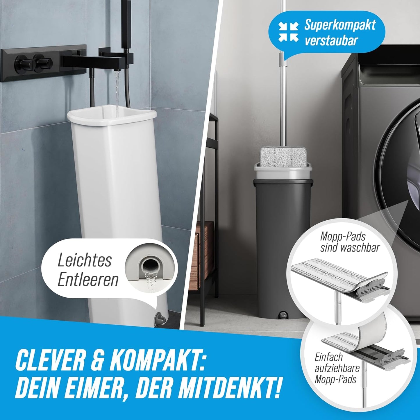 Wischmopp Set mit 2-Kammer-Eimer, Hellblau