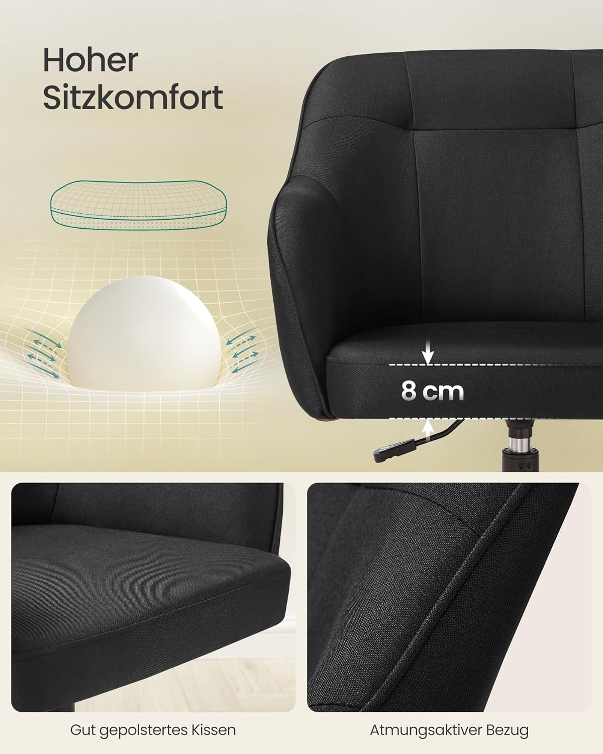 Homeoffice Drehstuhl, Schwarz Baumwollmischung