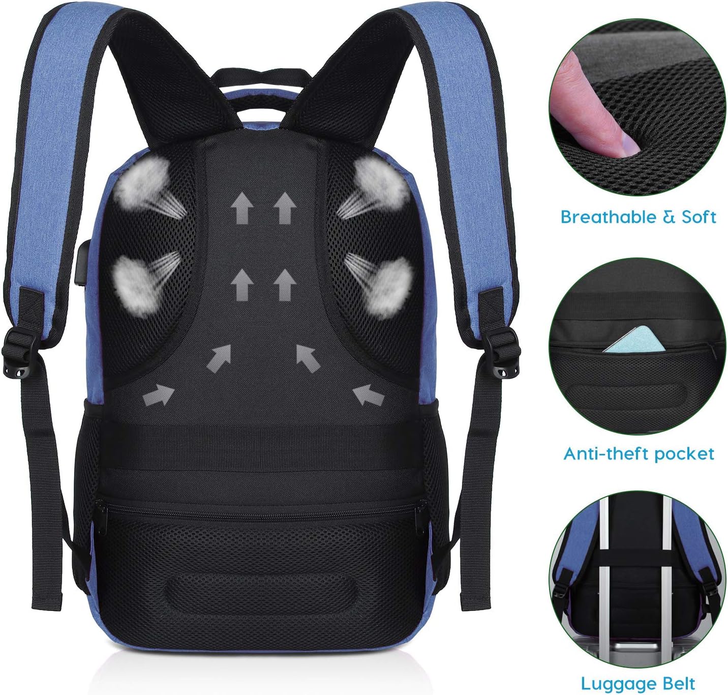Rucksack mit Laptopfach und USB-Anschluss, 15.6" Zzz6-blau