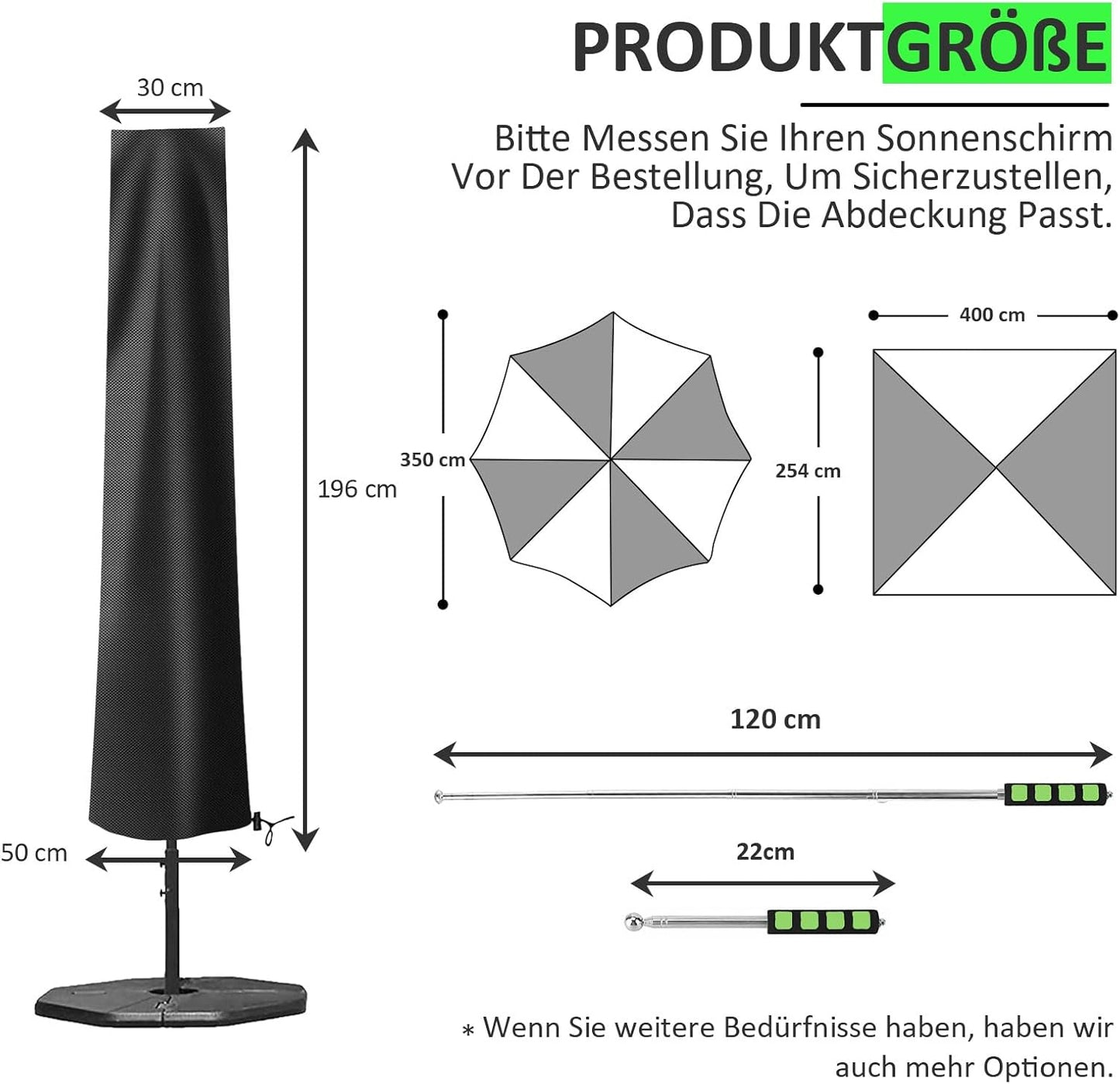 Sonnenschirm Schutzhülle mit Stab, Schwarz 196*30*50cm