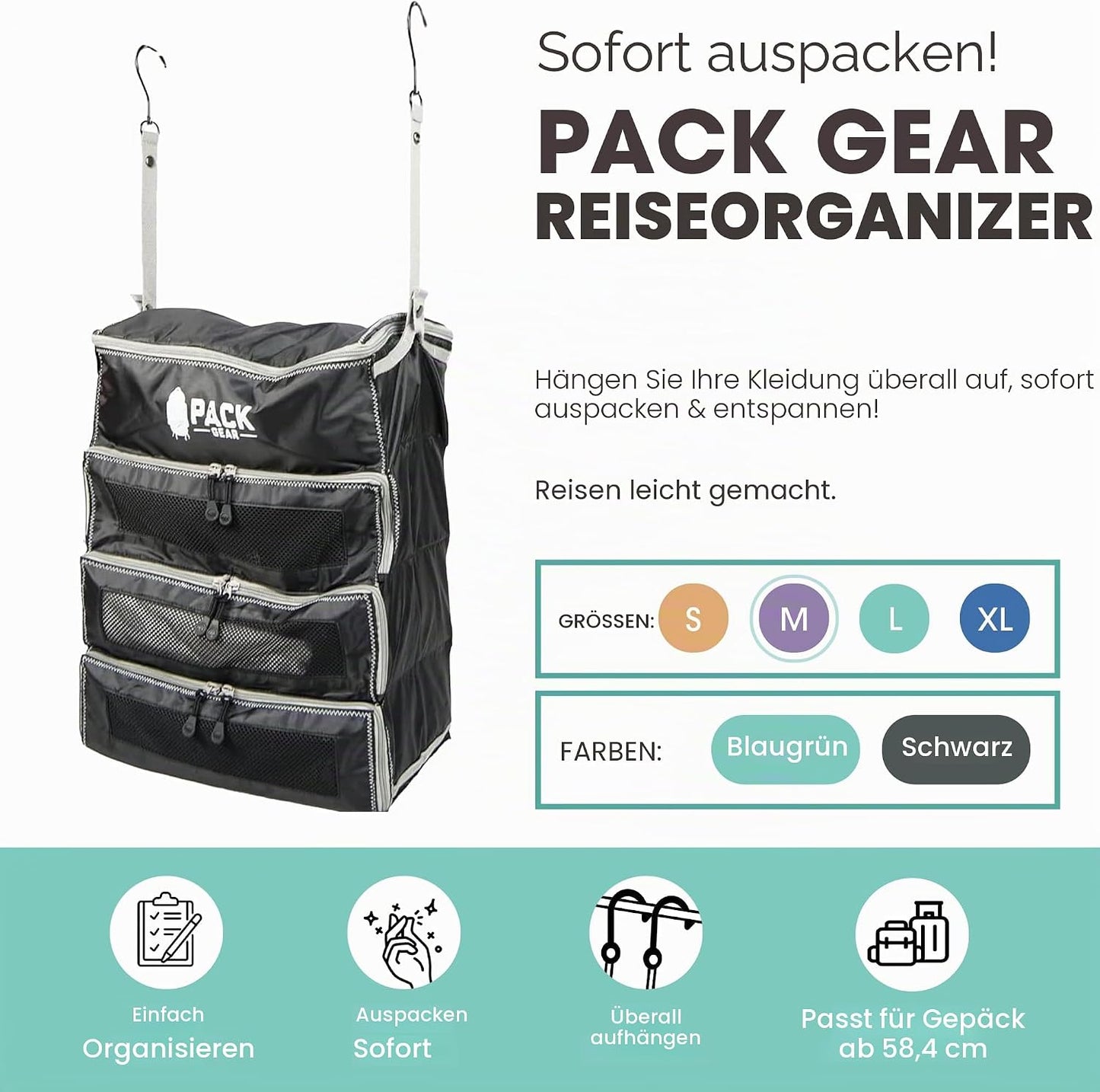 Koffer-Organizer zum Aufhängen, Medium (Carry-On) Schwarz