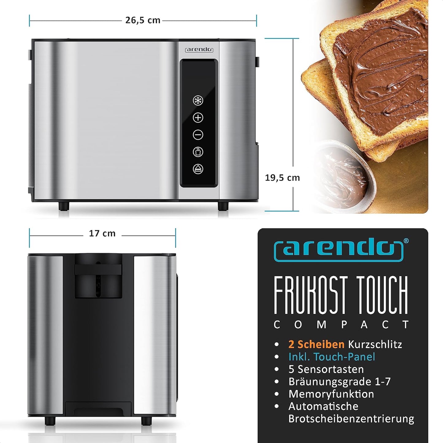 Touch Toaster mit Brötchenaufsatz und Display, B: Silber