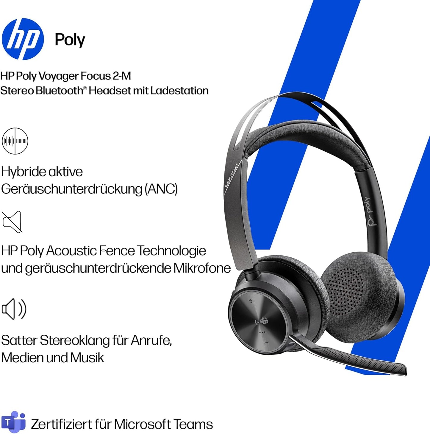 Voyager Focus 2 USB-C Headset, 2024 Version (USB-C) Teams zertifiziert mit Ladestation