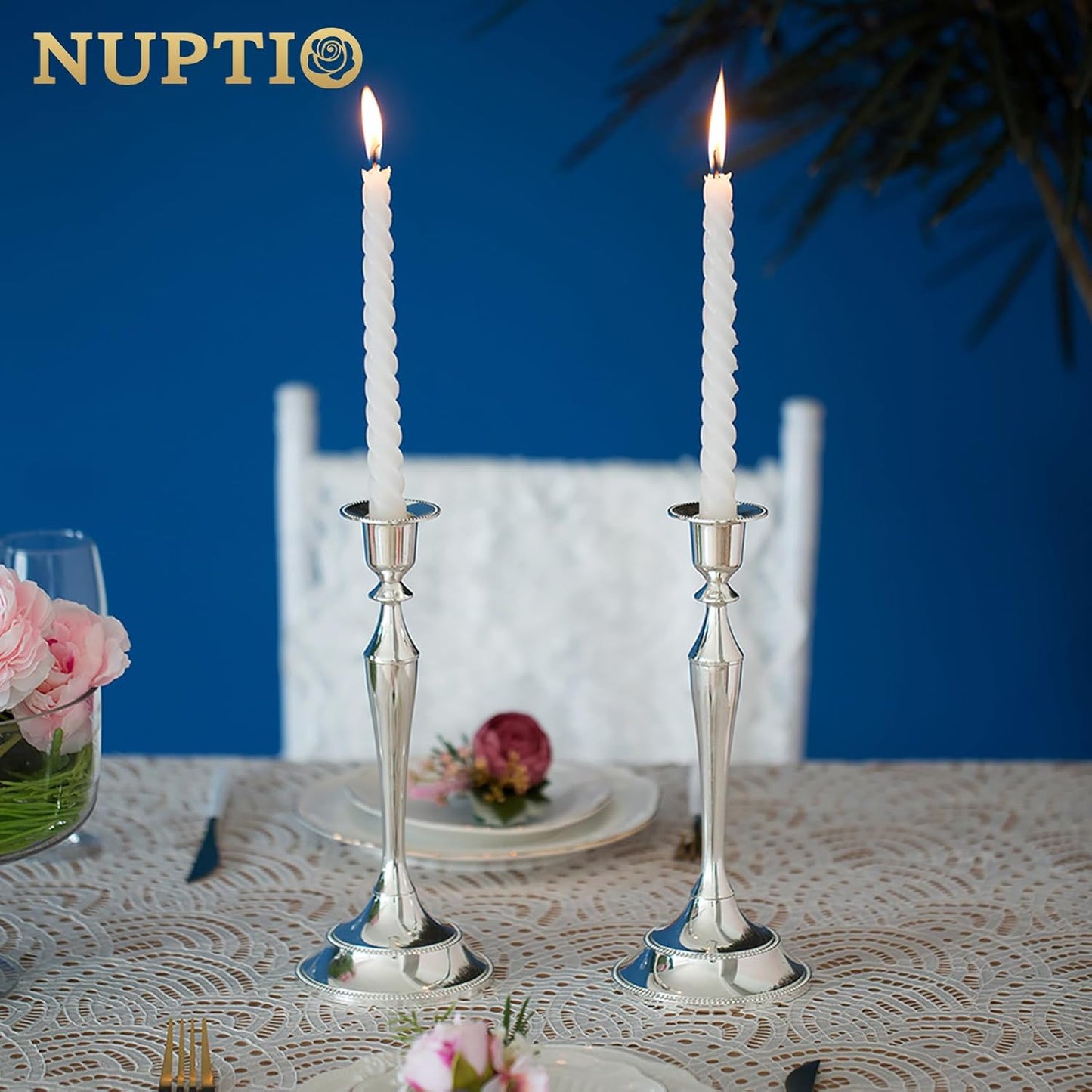 2-teiliges Kerzenständer-Set für Stabkerzen, Silber / 2 x Grand