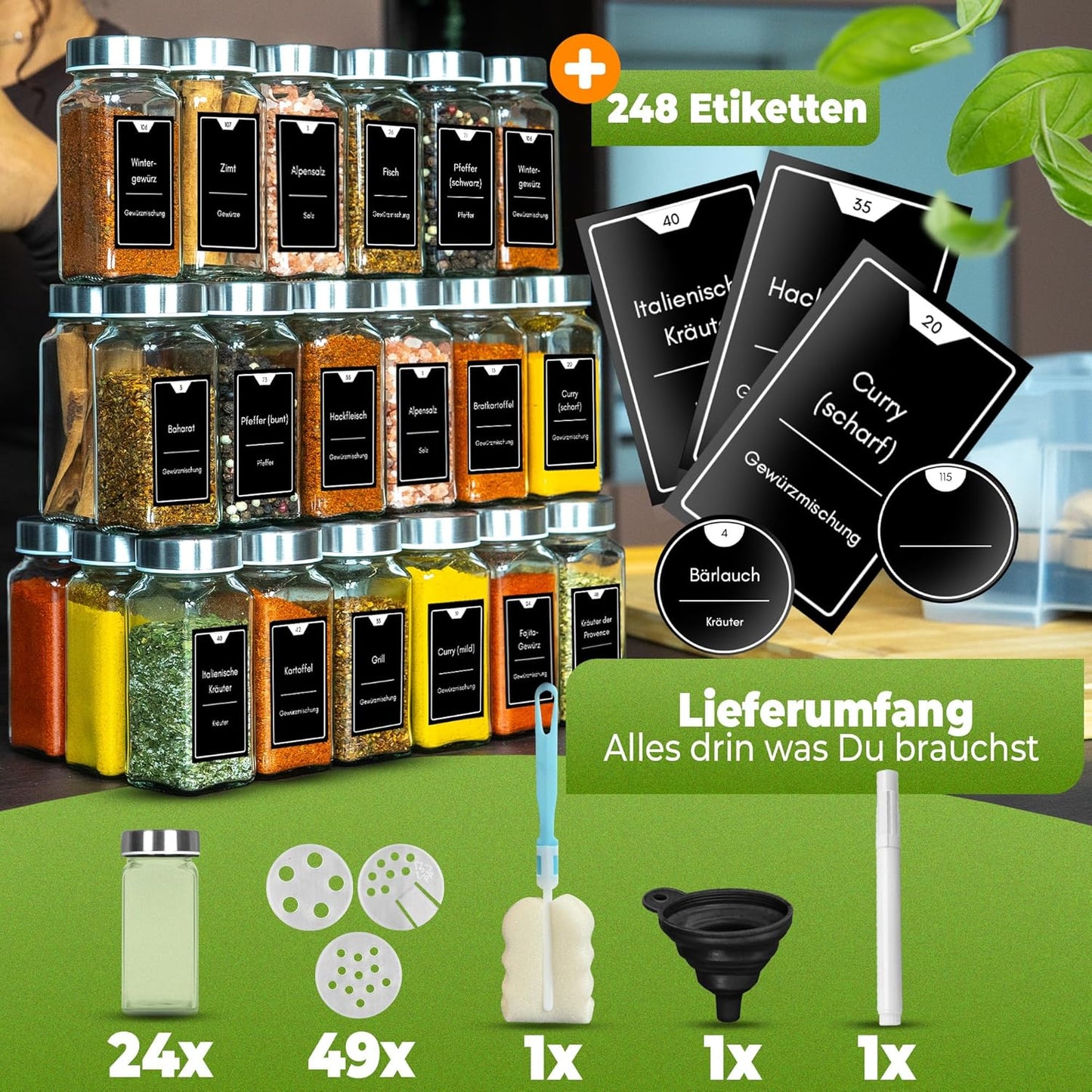 Gewürzgläser-Set mit Etiketten, 24er Set - Edelstahl