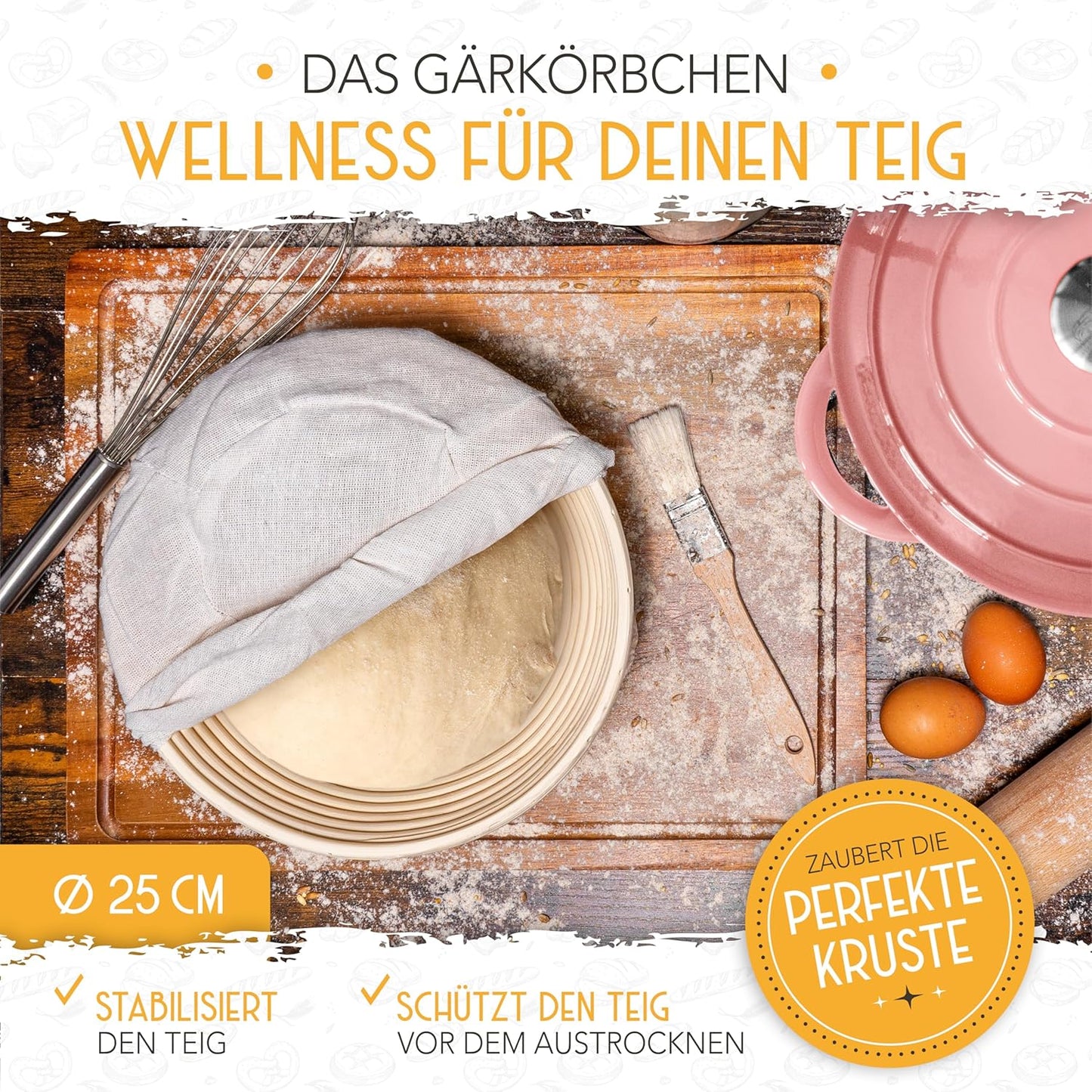 Brotbacktopf mit Gärkorb, Rosa Topf