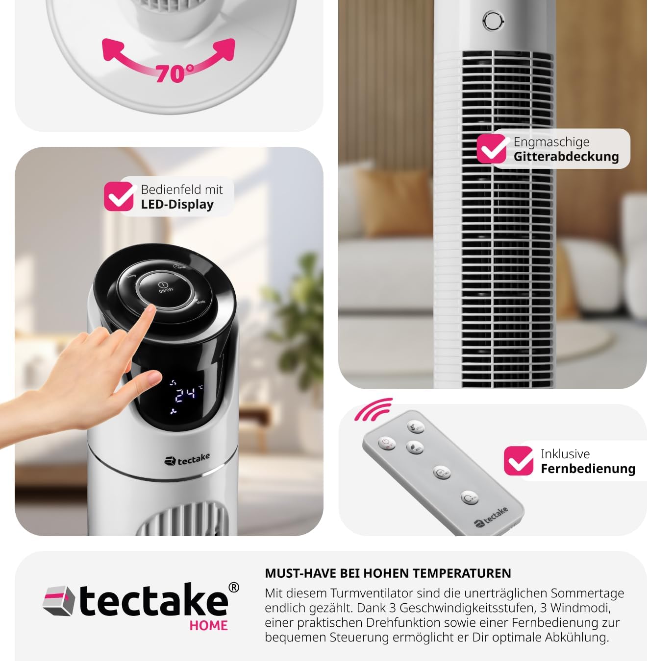 Turmventilator mit Fernbedienung und Timer, 31 x 110 cm